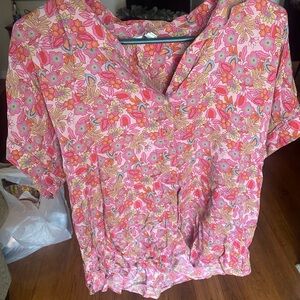Lucky Brand Pink Floral V-Neck Short Sleeve Blouse